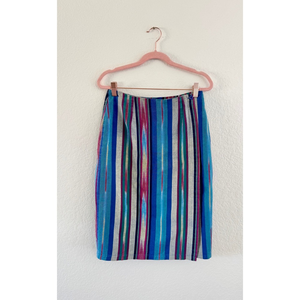 Pencil Skirt Womens Medium Blue Pink Basic Editions Ikat Stripe Vintage Cotton